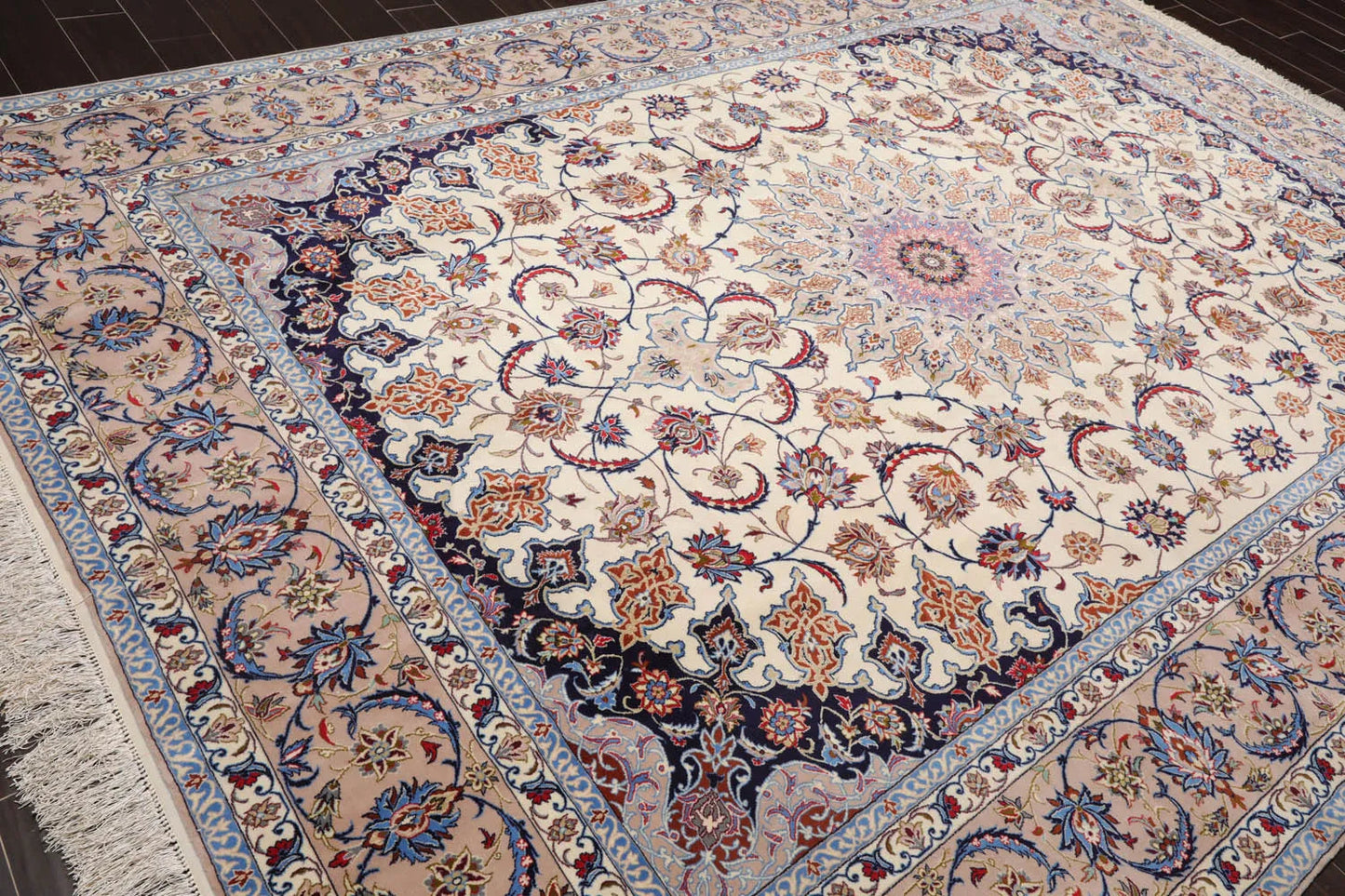 9x12 Cream, Taupe Hand Knotted Isfahan Wool and Silk Traditional 400 KPSI Oriental Area Rug