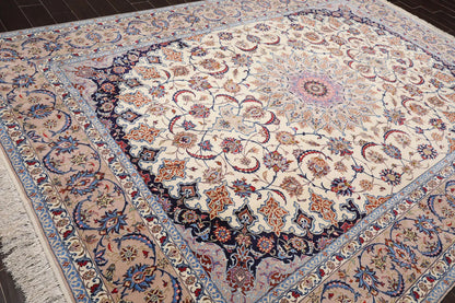 9x12 Cream, Taupe Hand Knotted Isfahan Wool and Silk Traditional 400 KPSI Oriental Area Rug