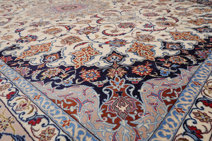 9x12 Cream, Taupe Hand Knotted Isfahan Wool and Silk Traditional 400 KPSI Oriental Area Rug