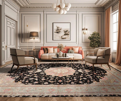 11' 6''x16' 10'' Palace Hand Knotted Wool and Silk Tabriz Traditional 400 KPSI Oriental Area Rug Black, Aqua Color