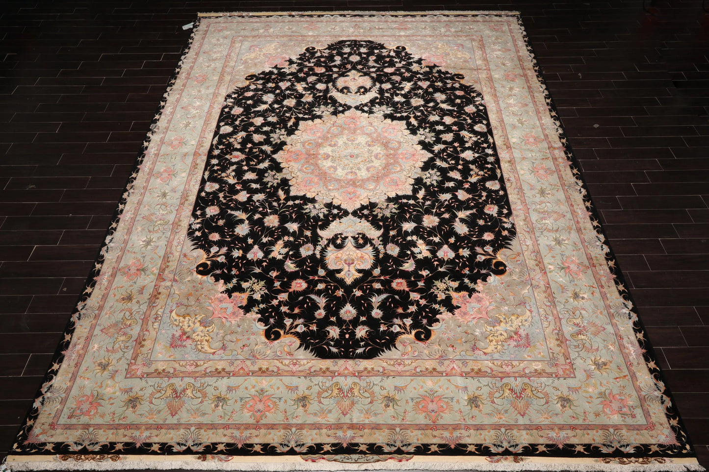 11' 6''x16' 10'' Palace Hand Knotted Wool and Silk Tabriz Traditional 400 KPSI Oriental Area Rug Black, Aqua Color