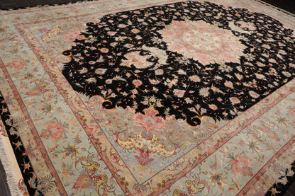 11' 6''x16' 10'' Palace Hand Knotted Wool and Silk Tabriz Traditional 400 KPSI Oriental Area Rug Black, Aqua Color