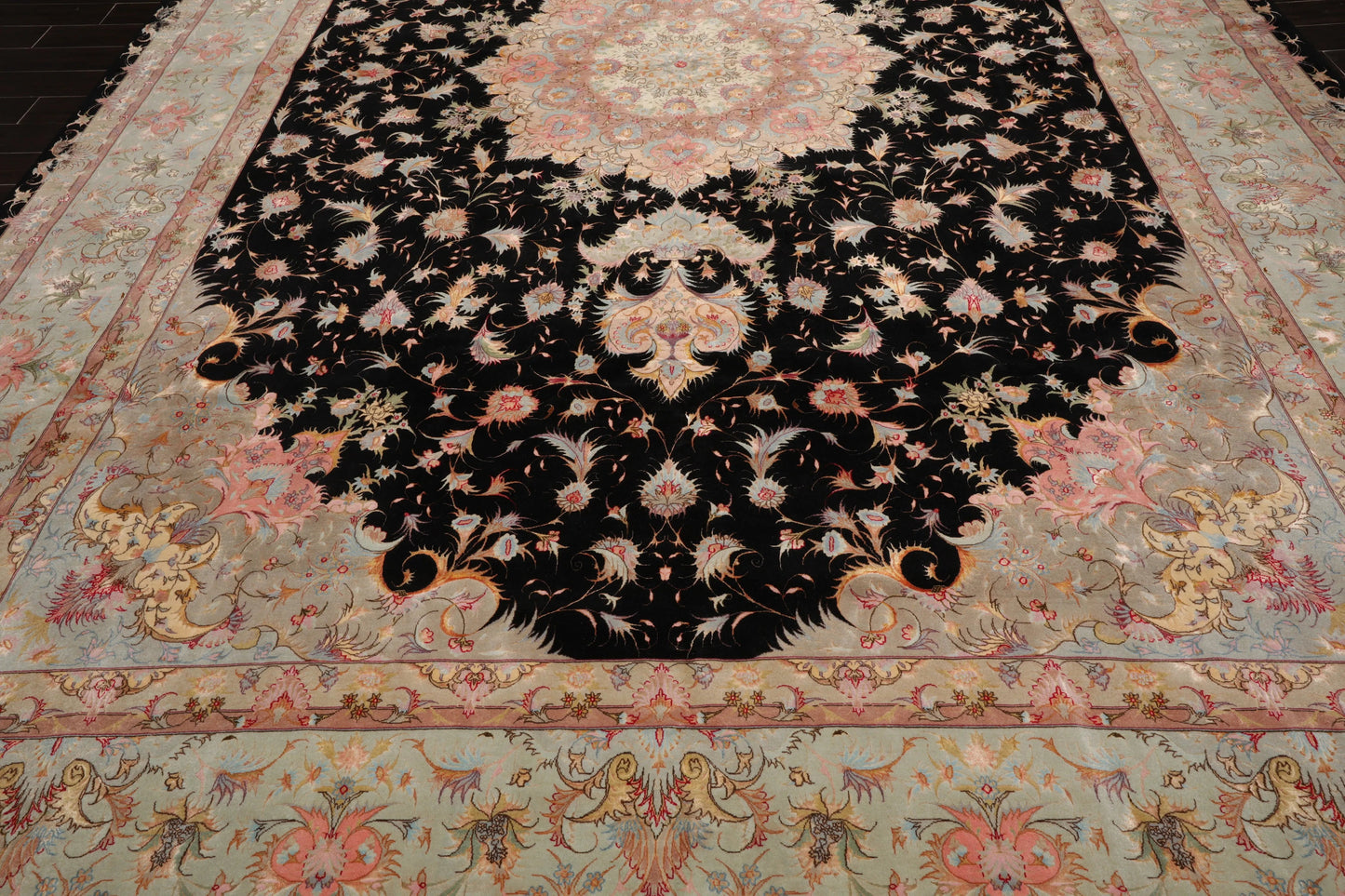 11' 6''x16' 10'' Palace Hand Knotted Wool and Silk Tabriz Traditional 400 KPSI Oriental Area Rug Black, Aqua Color