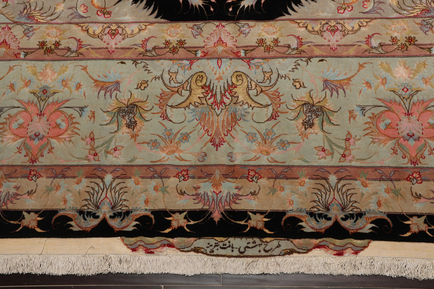 11' 6''x16' 10'' Palace Hand Knotted Wool and Silk Tabriz Traditional 400 KPSI Oriental Area Rug Black, Aqua Color
