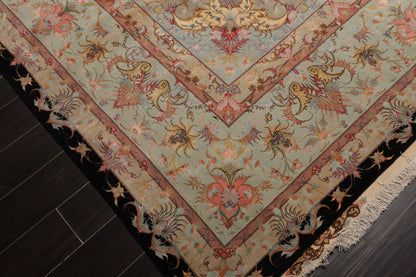 11' 6''x16' 10'' Palace Hand Knotted Wool and Silk Tabriz Traditional 400 KPSI Oriental Area Rug Black, Aqua Color