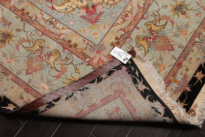 11' 6''x16' 10'' Palace Hand Knotted Wool and Silk Tabriz Traditional 400 KPSI Oriental Area Rug Black, Aqua Color