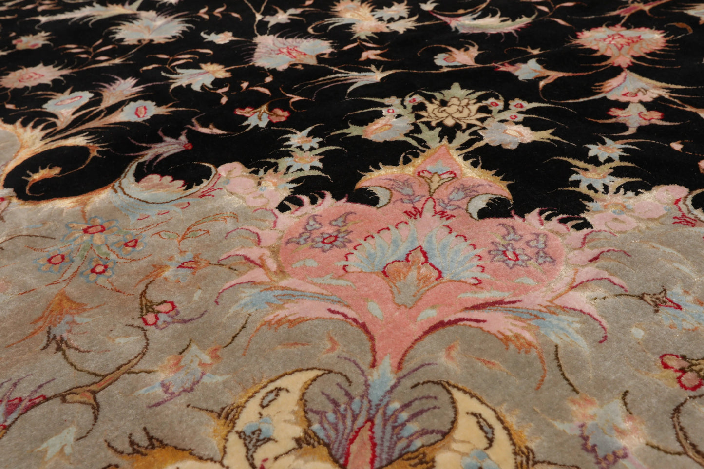 11' 6''x16' 10'' Palace Hand Knotted Wool and Silk Tabriz Traditional 400 KPSI Oriental Area Rug Black, Aqua Color