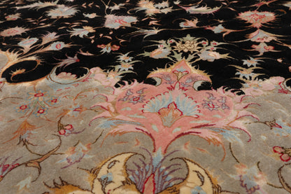 11' 6''x16' 10'' Palace Hand Knotted Wool and Silk Tabriz Traditional 400 KPSI Oriental Area Rug Black, Aqua Color