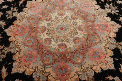 11' 6''x16' 10'' Palace Hand Knotted Wool and Silk Tabriz Traditional 400 KPSI Oriental Area Rug Black, Aqua Color