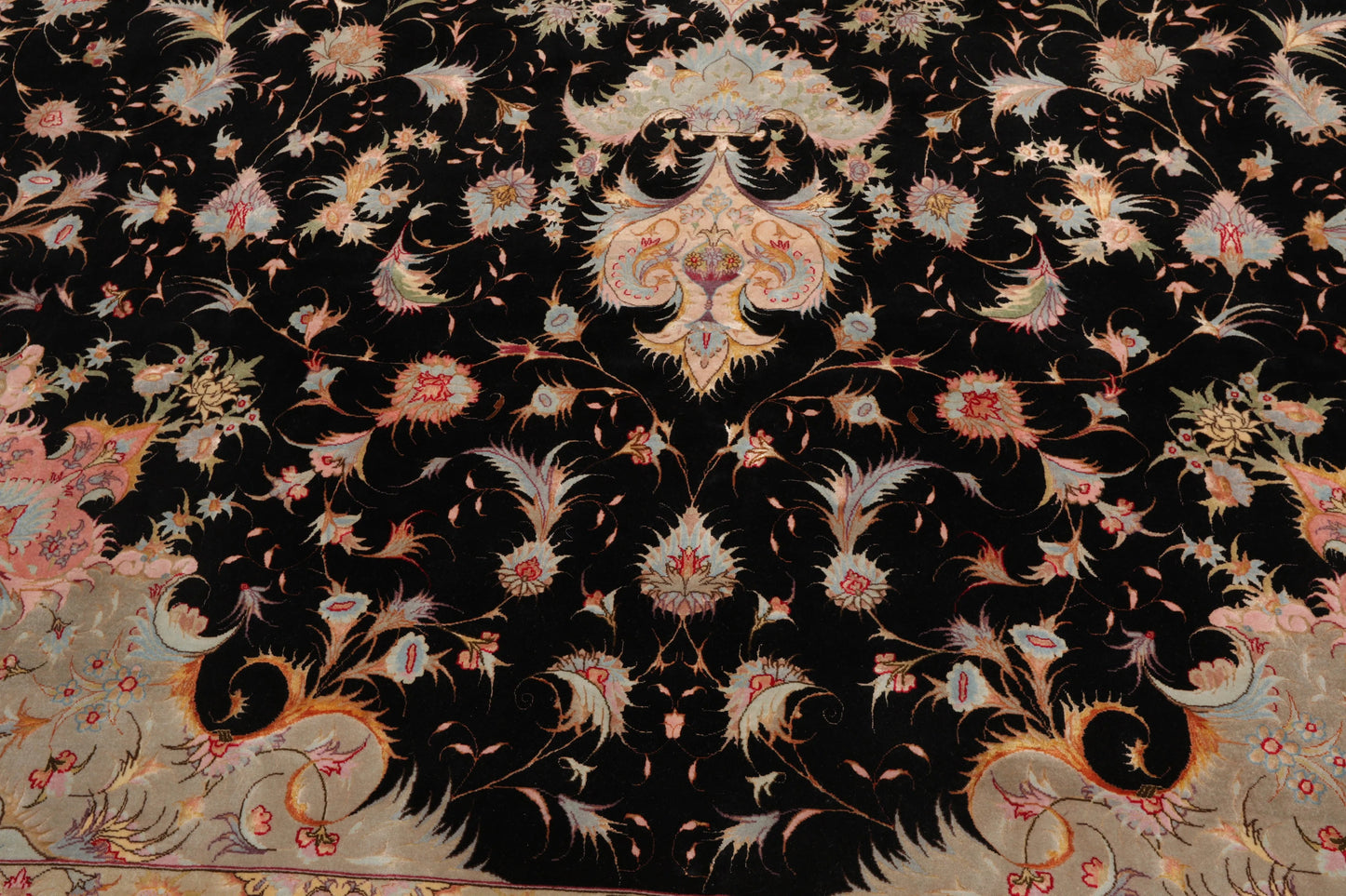 11' 6''x16' 10'' Palace Hand Knotted Wool and Silk Tabriz Traditional 400 KPSI Oriental Area Rug Black, Aqua Color