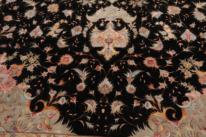 11' 6''x16' 10'' Palace Hand Knotted Wool and Silk Tabriz Traditional 400 KPSI Oriental Area Rug Black, Aqua Color