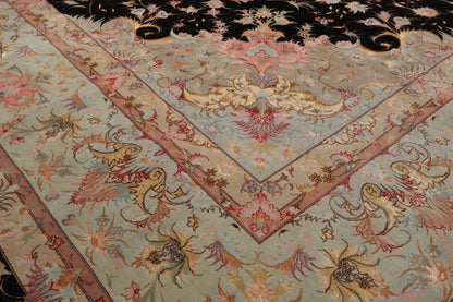 11' 6''x16' 10'' Palace Hand Knotted Wool and Silk Tabriz Traditional 400 KPSI Oriental Area Rug Black, Aqua Color