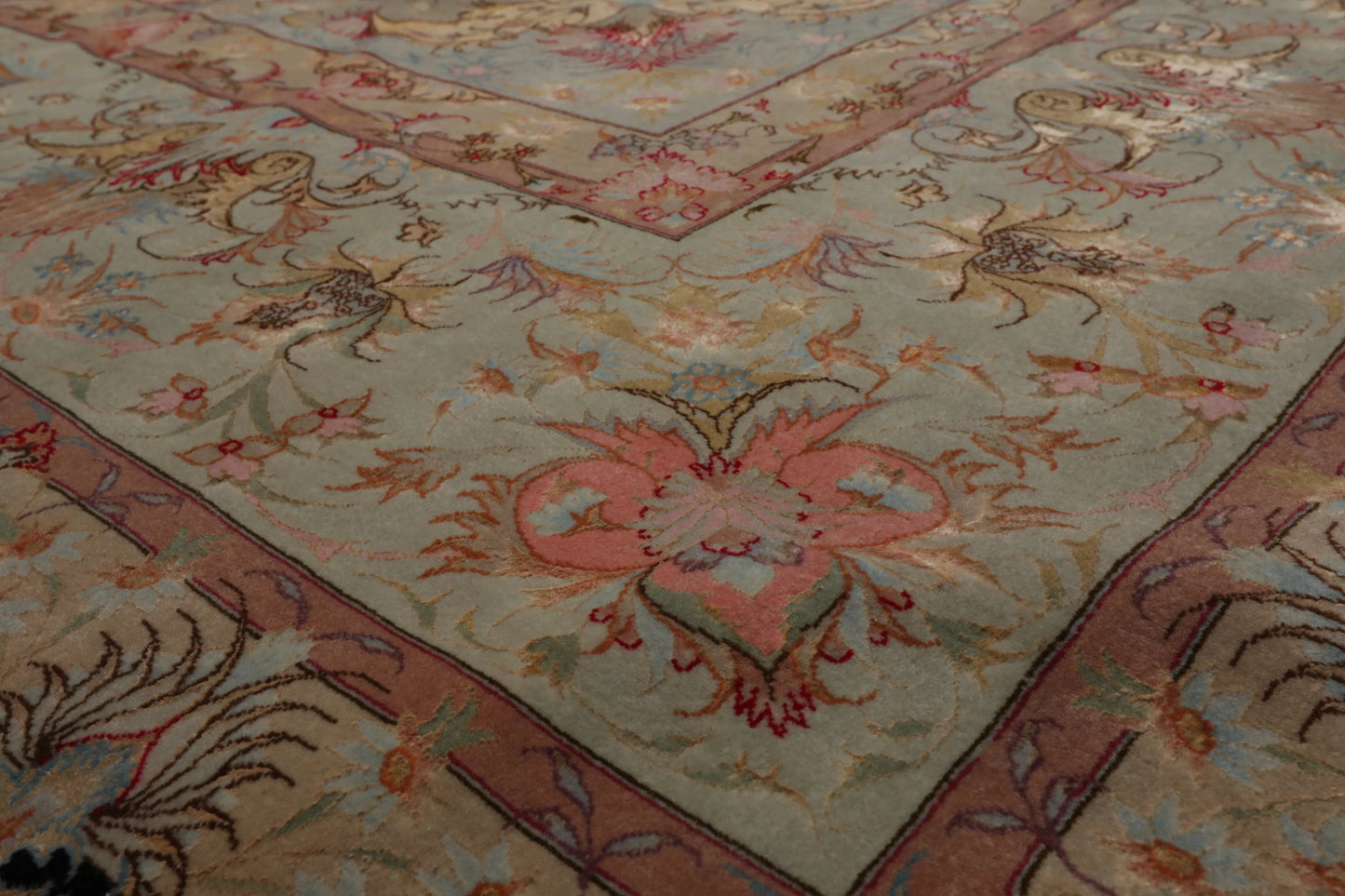 11' 6''x16' 10'' Palace Hand Knotted Wool and Silk Tabriz Traditional 400 KPSI Oriental Area Rug Black, Aqua Color