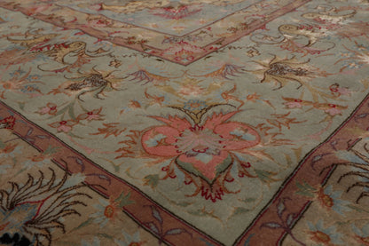 11' 6''x16' 10'' Palace Hand Knotted Wool and Silk Tabriz Traditional 400 KPSI Oriental Area Rug Black, Aqua Color