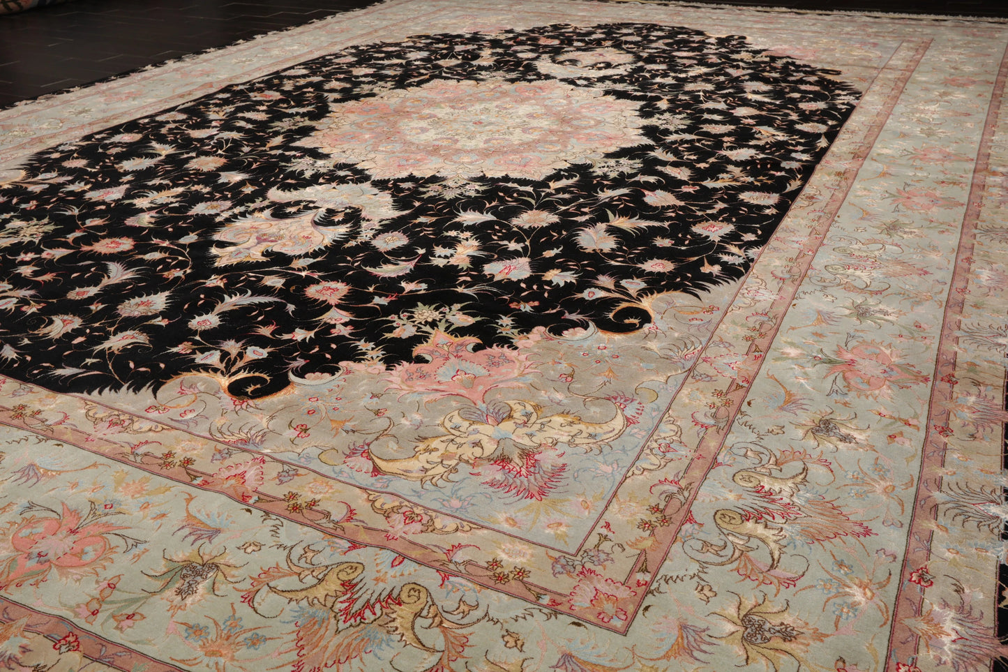 11' 6''x16' 10'' Palace Hand Knotted Wool and Silk Tabriz Traditional 400 KPSI Oriental Area Rug Black, Aqua Color