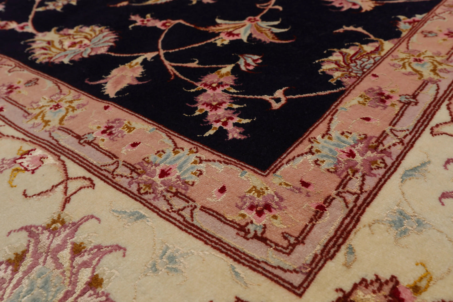 5x7 Hand Knotted Persian Wool and Silk Tabriz 300 KPSI Traditional Oriental Area Rug Blue,Ivory Color