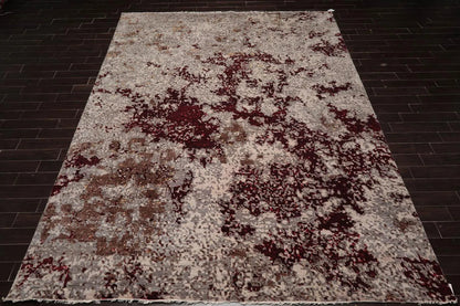 10' x 14' Hand Knotted Wool & Silk Modern Tibetan Oriental Area Rug Gray, Wine