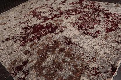 10' x 14' Hand Knotted Wool & Silk Modern Tibetan Oriental Area Rug Gray, Wine