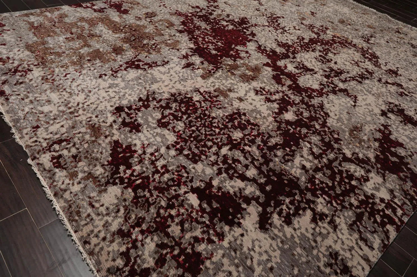 10' x 14' Hand Knotted Wool & Silk Modern Tibetan Oriental Area Rug Gray, Wine