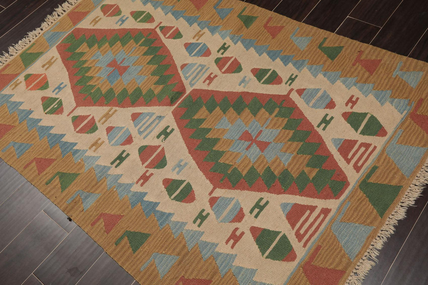 3'9" x 5'2" Hand Woven 100% Wool Southwestern Turkish Kilim Area Rug Beige