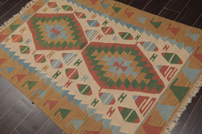3'9" x 5'2" Hand Woven 100% Wool Southwestern Turkish Kilim Area Rug Beige