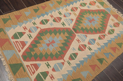 3'9" x 5'2" Hand Woven 100% Wool Southwestern Turkish Kilim Area Rug Beige