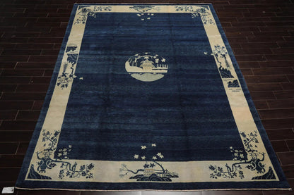 9x12 Navy Blue Hand Knotted Tibetan 100% Wool Michaelian & Kohlberg Chinese Art Deco Oriental Area Rug