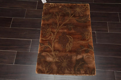 2' x 3' Hand Knotted Wool & Silk Transitional Tibetan Oriental Area Rug Brown