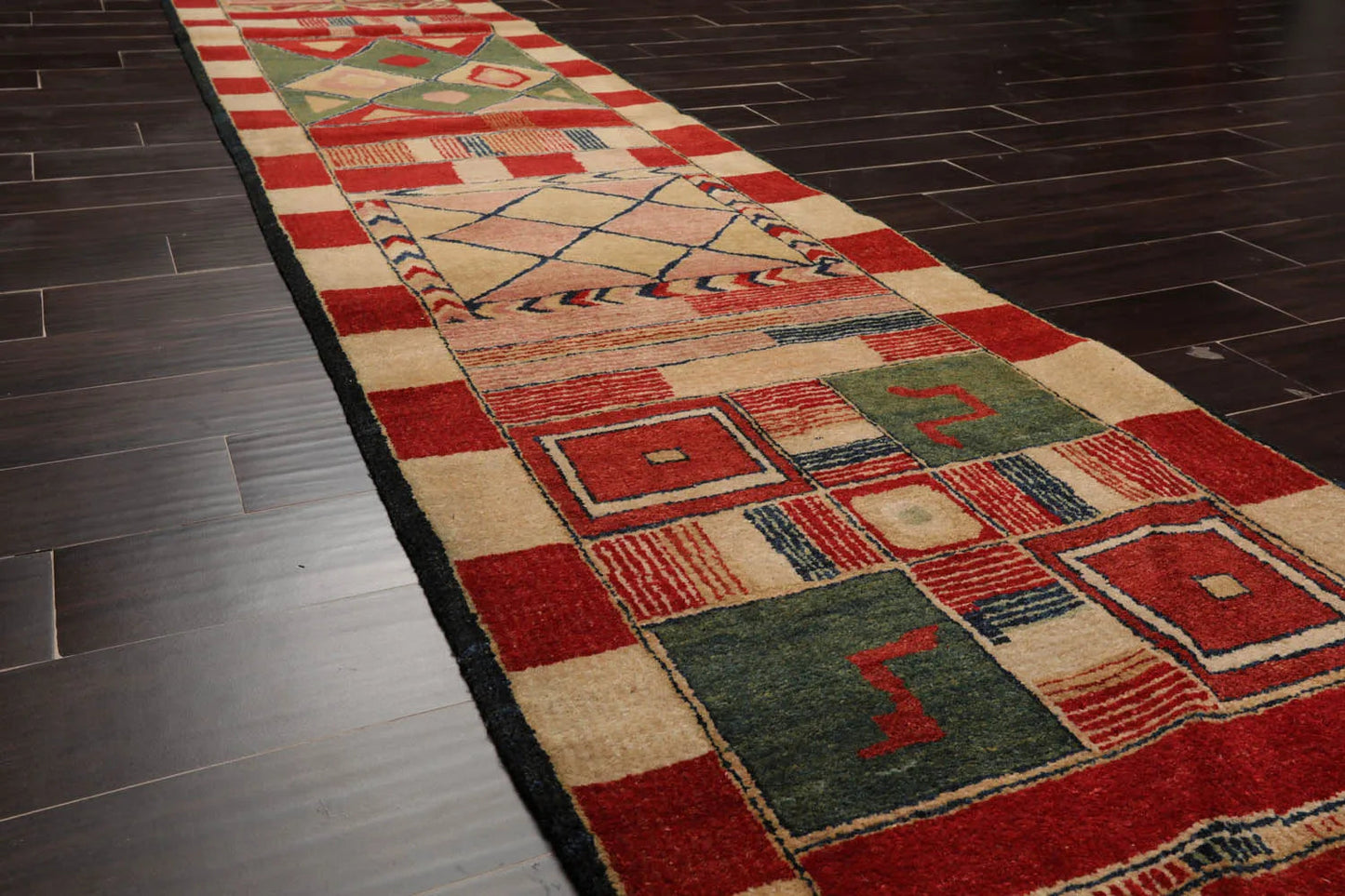 2'7''x12'3'' Runner Red, Green Hand Knotted Tibetan 100% Wool Michaelian & Kohlberg Modern & Contemporary Oriental Area Rug