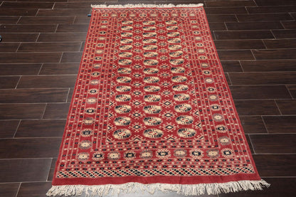 4'2"x6'4" Hand Knotted Wool Bokhaara Traditional 250 KPSI Oriental Area Rug Rust