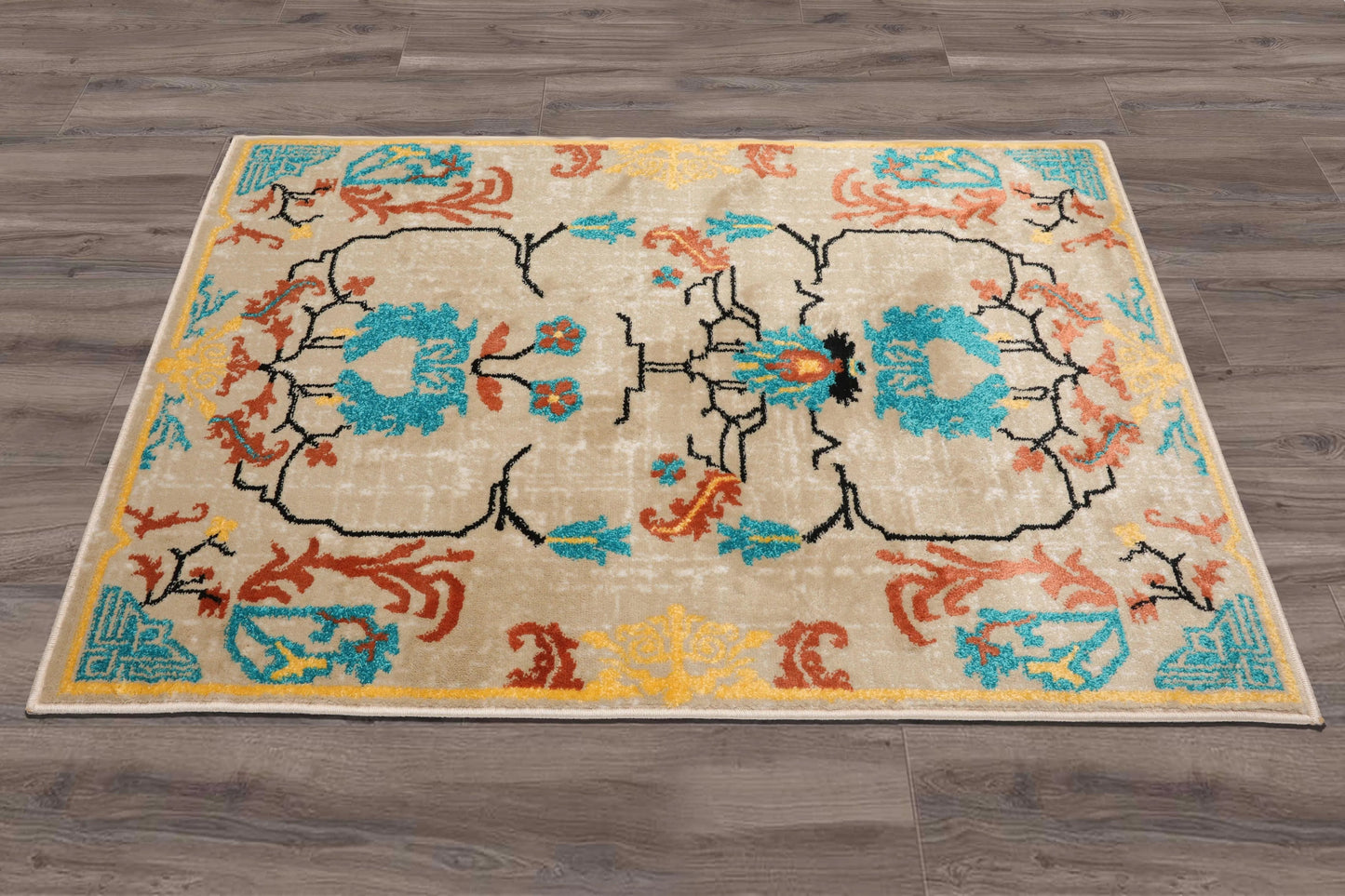 Multi Size Beige, Aqua Machine-Made Polypropylene Cavalier Design Traditional Persian Oriental Area Rug