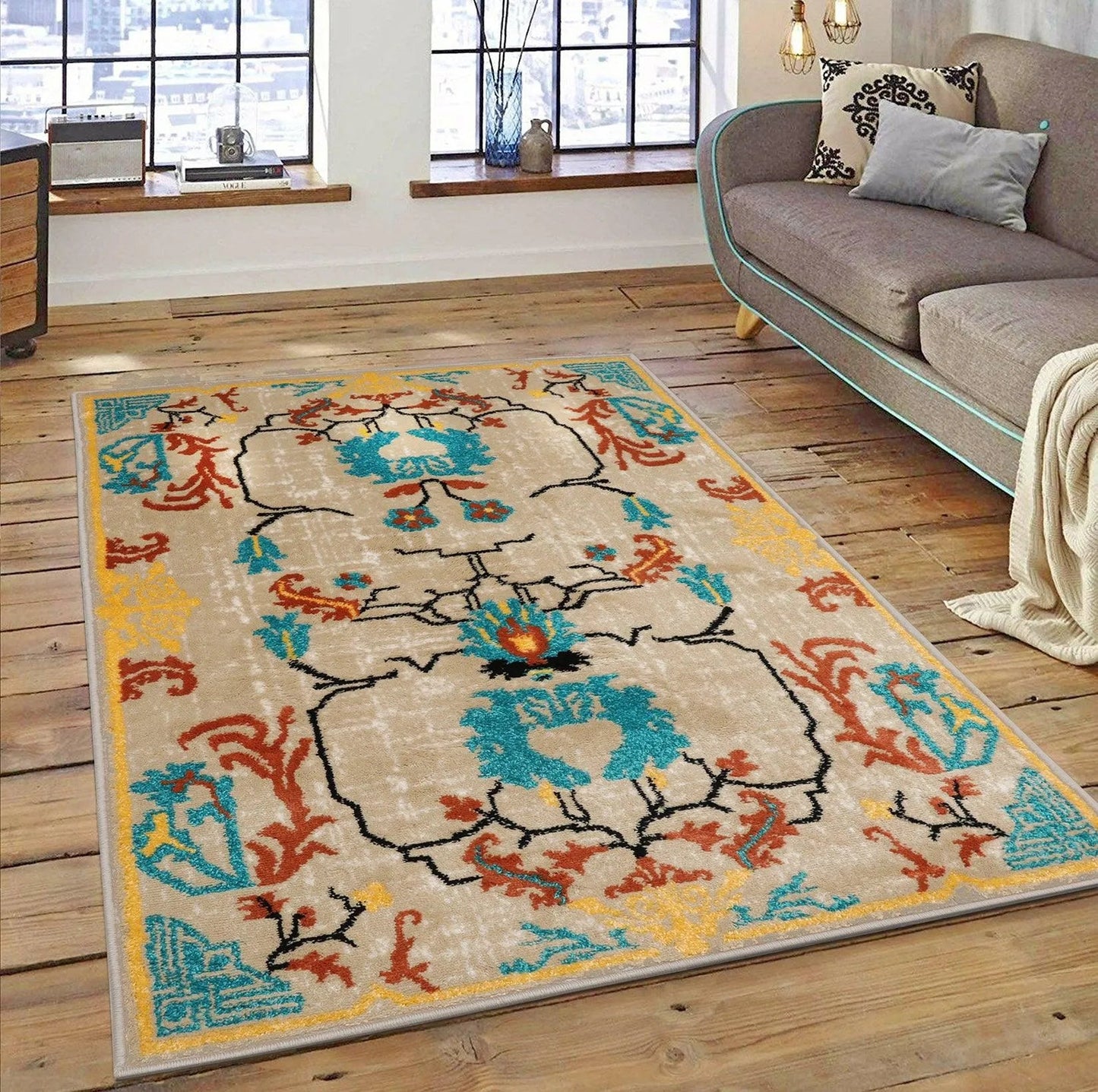 Multi Size Beige, Aqua Machine-Made Polypropylene Cavalier Design Traditional Persian Oriental Area Rug
