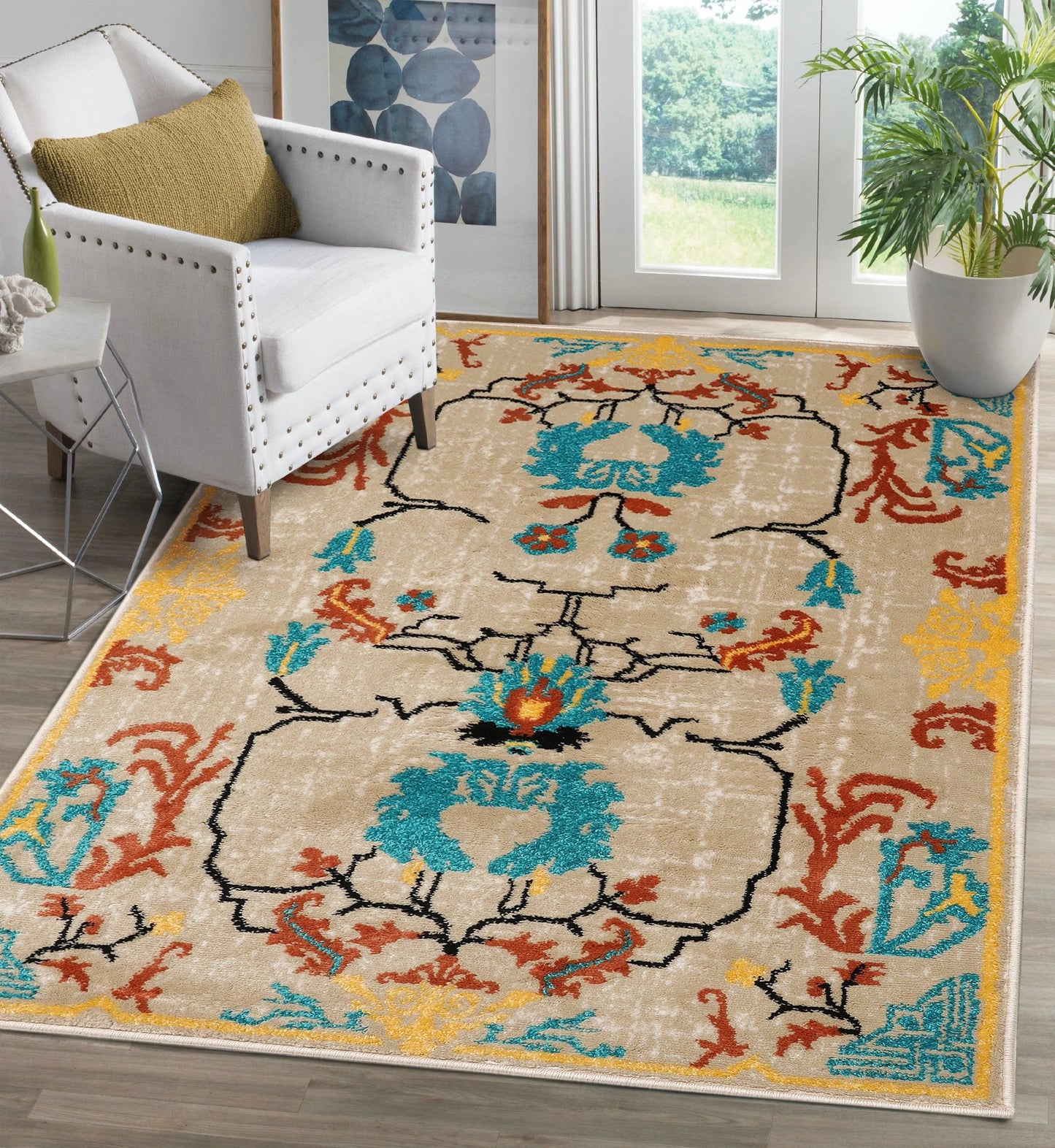 Multi Size Beige, Aqua Machine-Made Polypropylene Cavalier Design Traditional Persian Oriental Area Rug