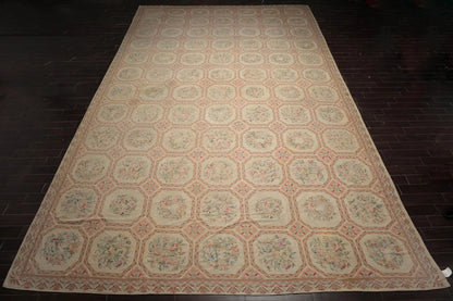 12'5"x21'11" Palace Beige Hand Knotted Flat Weave 100% Wool French Aubusson Traditional Oriental Area Rug