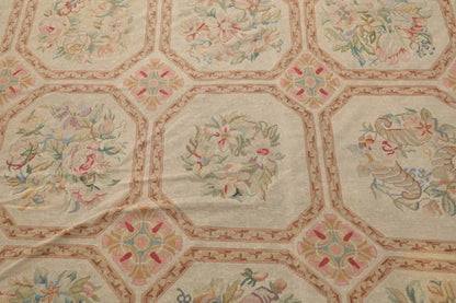 12'5"x21'11" Palace Beige Hand Knotted Flat Weave 100% Wool French Aubusson Traditional Oriental Area Rug