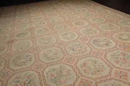 12'5"x21'11" Palace Beige Hand Knotted Flat Weave 100% Wool French Aubusson Traditional Oriental Area Rug