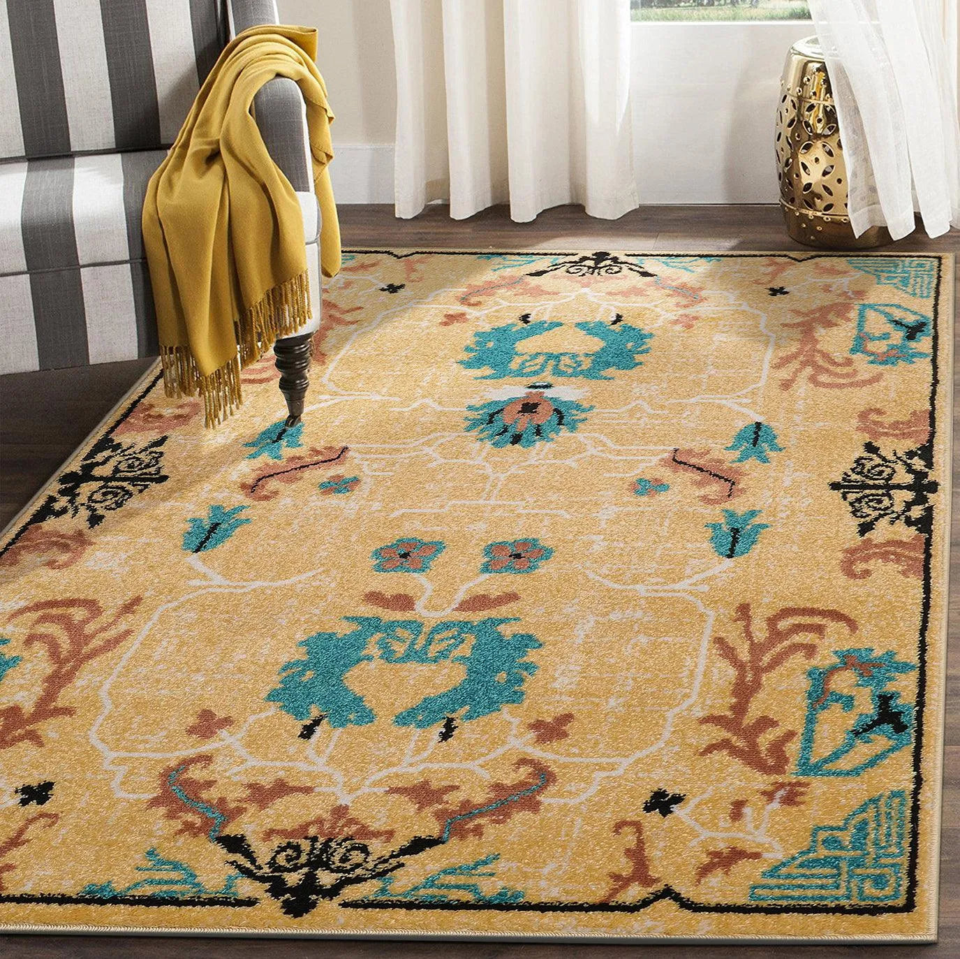Multi Size Beige, Aqua Machine-Made Polypropylene Cavalier Design Traditional Persian Oriental Area Rug