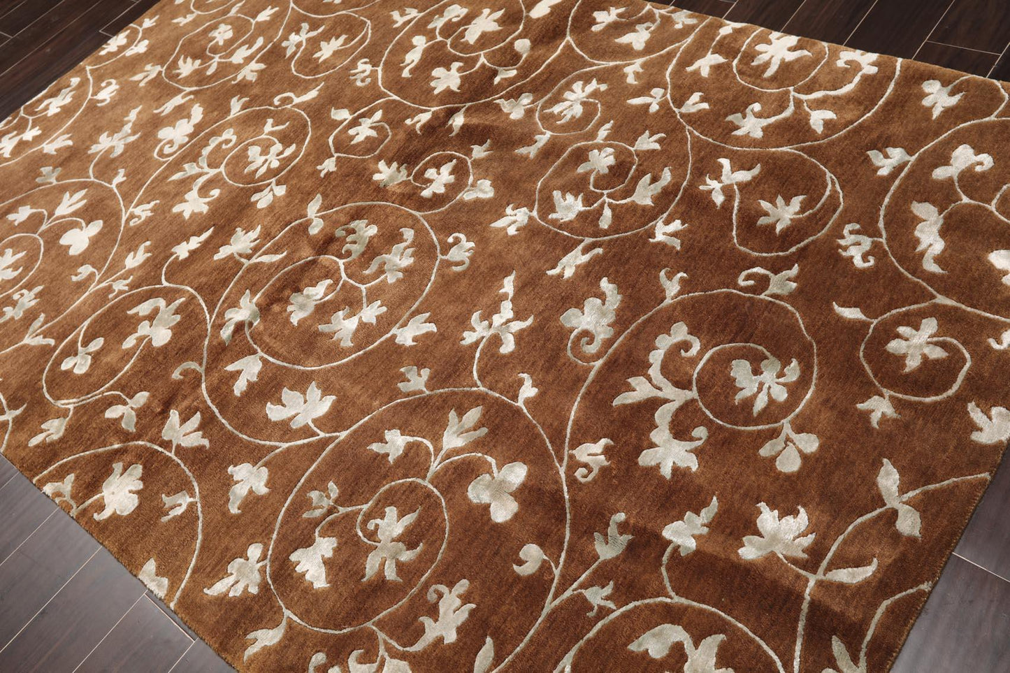 5'8" x 8'5" Hand Knotted Tibetan Wool & Art Silk Floral Oriental Area Rug Brown