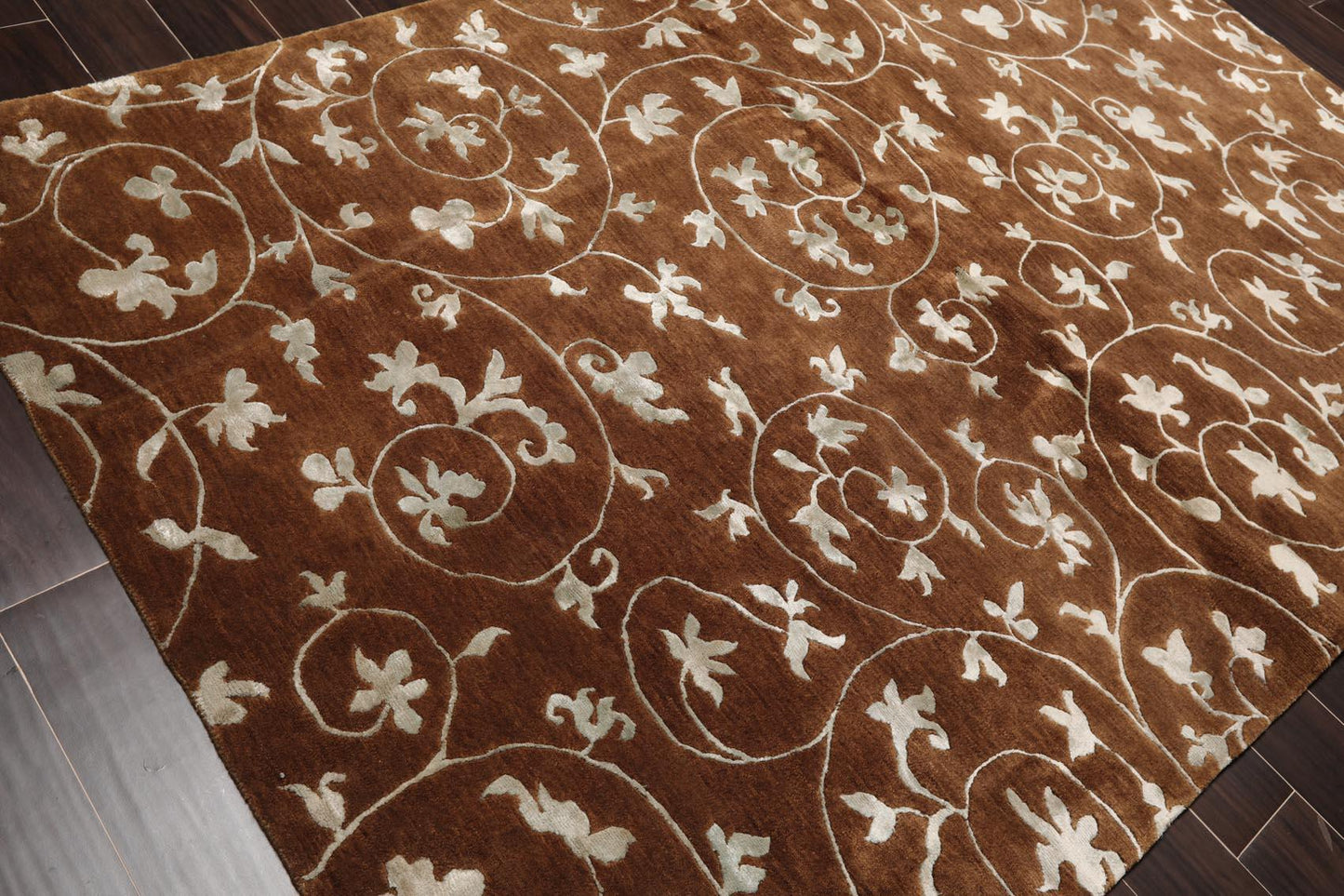 5'8" x 8'5" Hand Knotted Tibetan Wool & Art Silk Floral Oriental Area Rug Brown