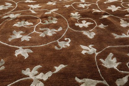 5'8" x 8'5" Hand Knotted Tibetan Wool & Art Silk Floral Oriental Area Rug Brown