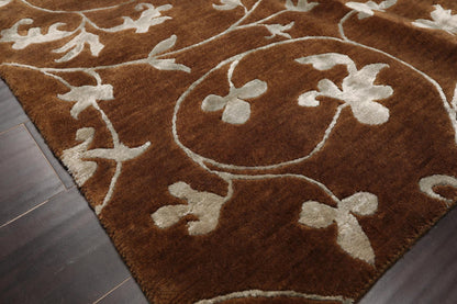 5'8" x 8'5" Hand Knotted Tibetan Wool & Art Silk Floral Oriental Area Rug Brown