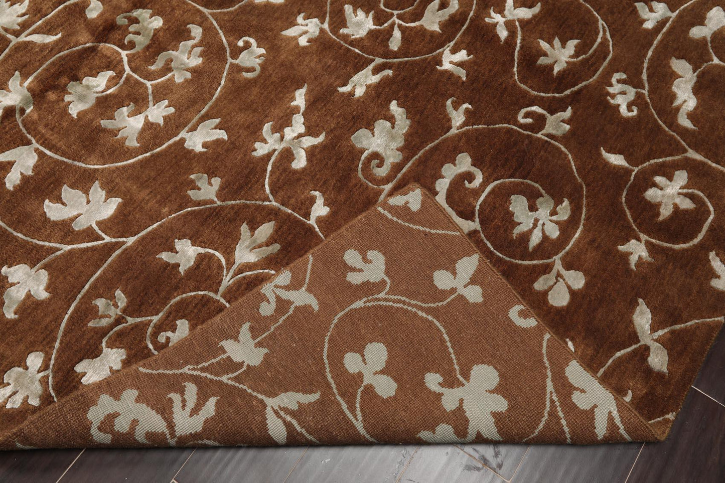 5'8" x 8'5" Hand Knotted Tibetan Wool & Art Silk Floral Oriental Area Rug Brown