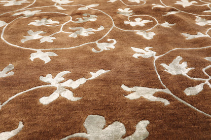 5'8" x 8'5" Hand Knotted Tibetan Wool & Art Silk Floral Oriental Area Rug Brown