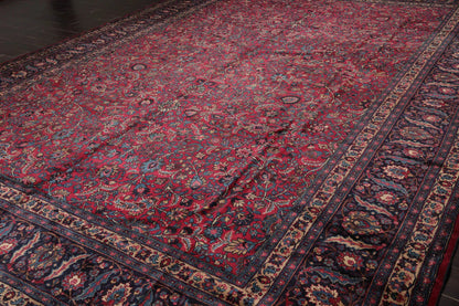 12' 4''x16' 7'' Palace Burgundy, Midnight Blue Hand Knotted 100% Wool Mashad Traditional Oriental Area Rug