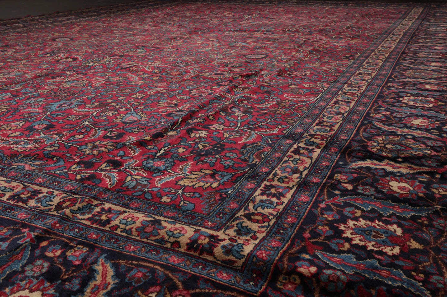 12' 4''x16' 7'' Palace Burgundy, Midnight Blue Hand Knotted 100% Wool Mashad Traditional Oriental Area Rug