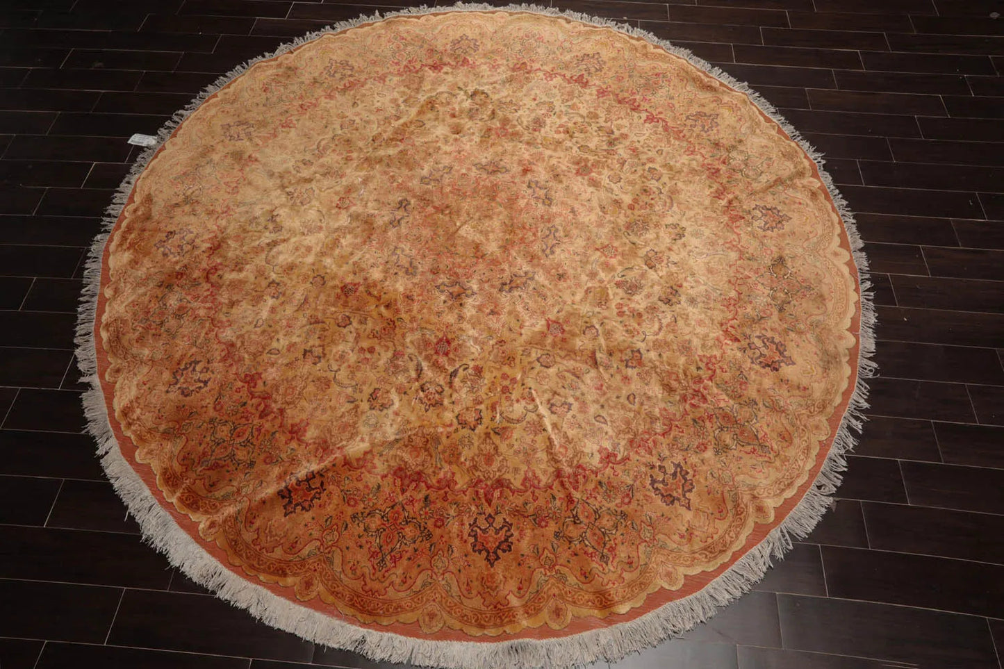 9'9''x9'9'' Round Tan, Peach Hand Knotted Wool and Silk Tabriz Traditional Oriental Area Rug