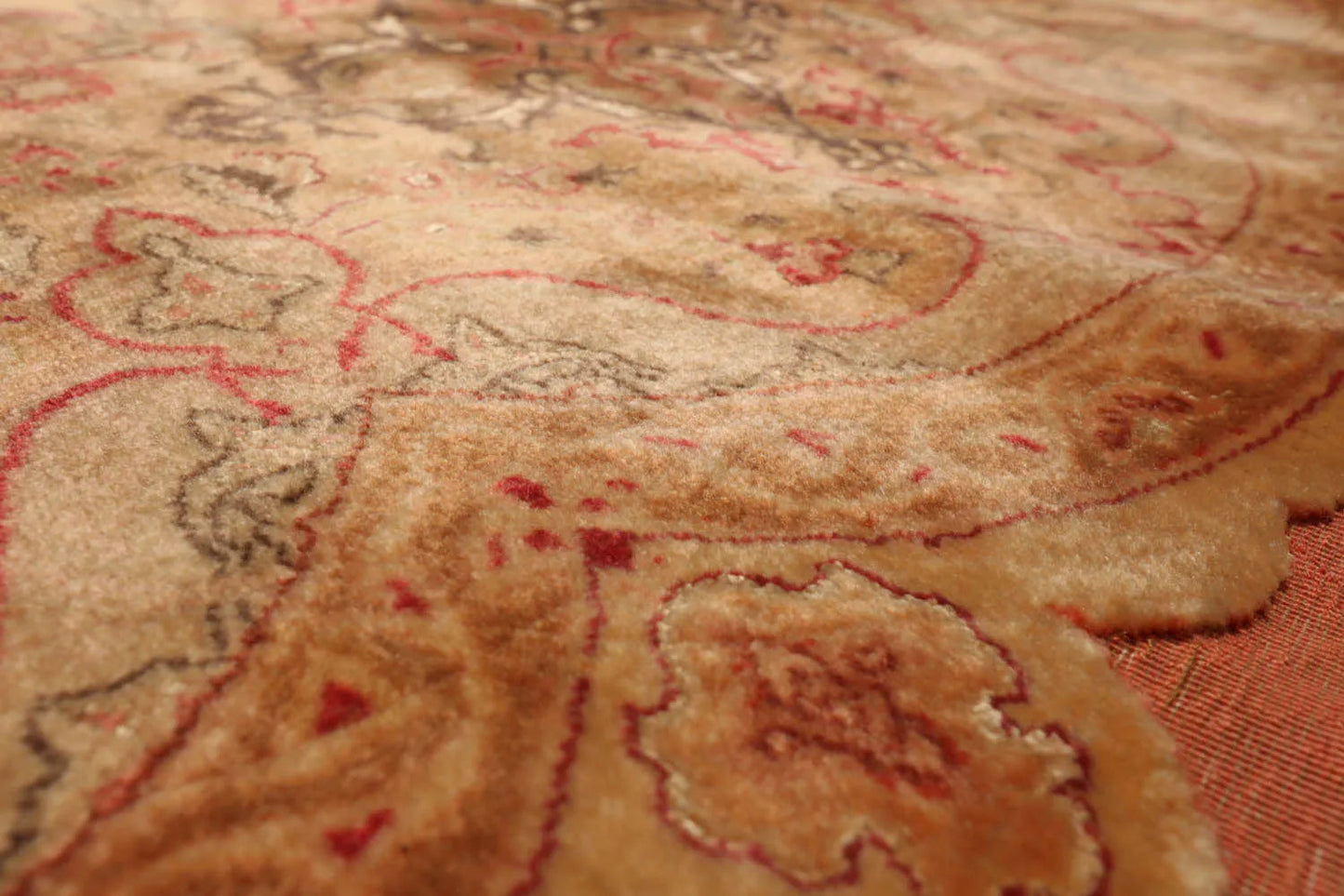 9'9''x9'9'' Round Tan, Peach Hand Knotted Wool and Silk Tabriz Traditional Oriental Area Rug