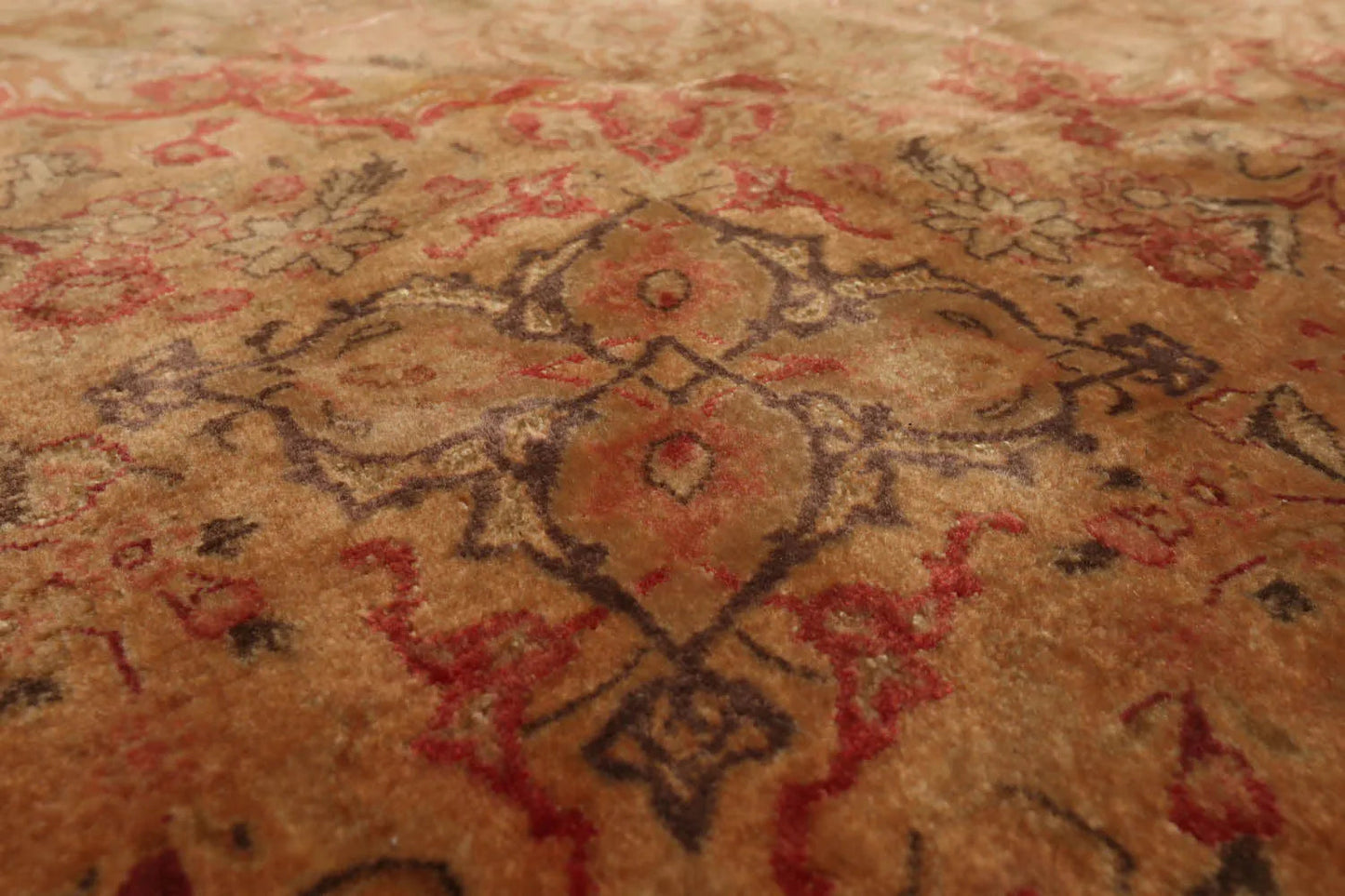 9'9''x9'9'' Round Tan, Peach Hand Knotted Wool and Silk Tabriz Traditional Oriental Area Rug