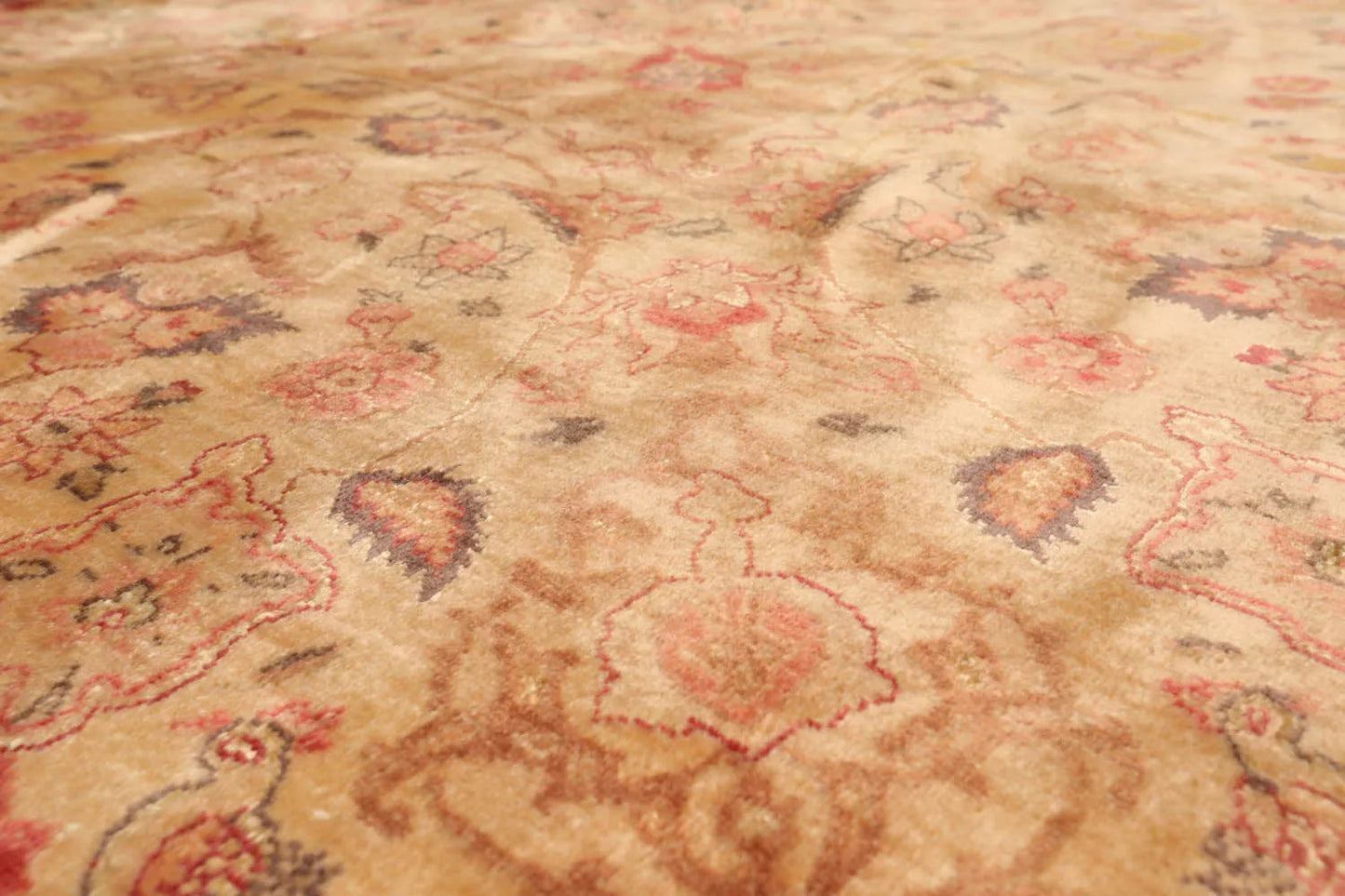 9'9''x9'9'' Round Tan, Peach Hand Knotted Wool and Silk Tabriz Traditional Oriental Area Rug