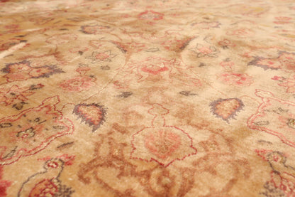 9'9''x9'9'' Round Tan, Peach Hand Knotted Wool and Silk Tabriz Traditional Oriental Area Rug